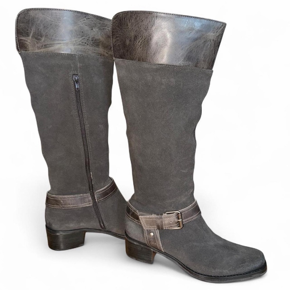 Grey suede knee high boots Matisse with buckle detail 8M Office Siren Urban Heel